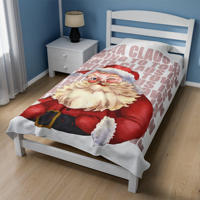Plush Throw, Santa Claus Inspired Blanket: white, red Santa Claus, vintage cartoon Christmas style