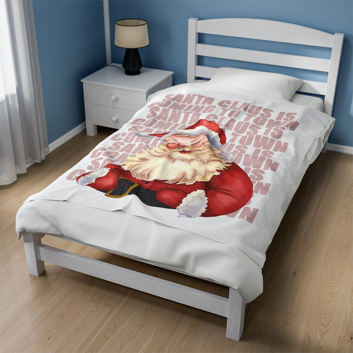 Plush Throw, Santa Claus Inspired Blanket: white, red Santa Claus, vintage cartoon Christmas style