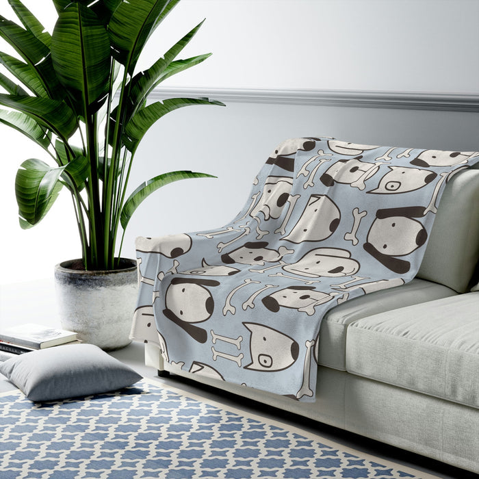Plush Throw Blanket with Canine Design: light gray, dark gray cartoon dogs