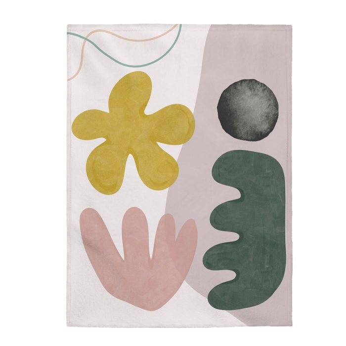Plush Throw with Geometric Patterns: pale pink, mustard yellow abstract botanical leaf pattern, minimal modern botanical styl
