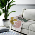 Plush Throw with Geometric Patterns: pale pink, mustard yellow abstract botanical leaf pattern, minimal modern botanical styl