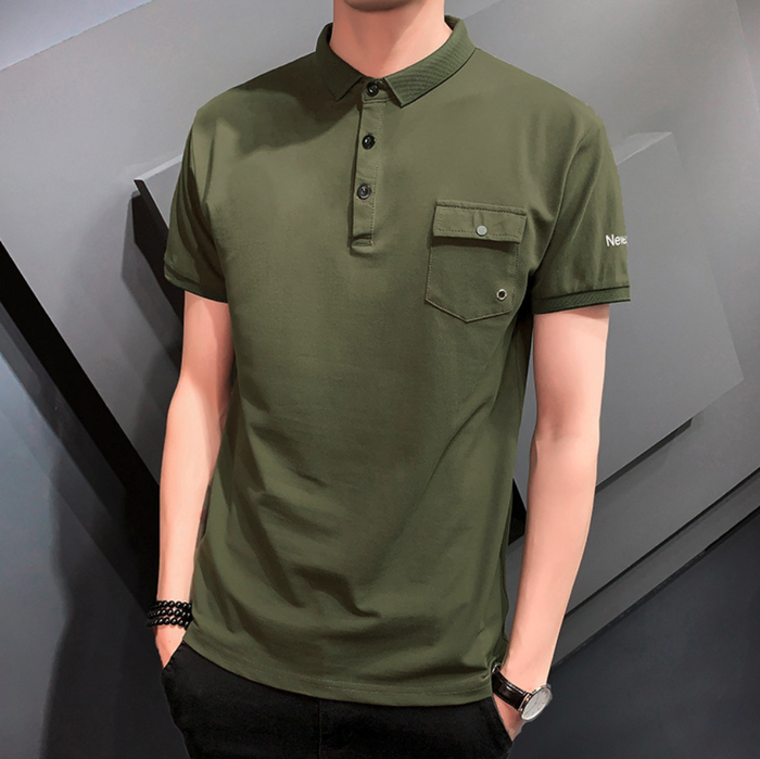 Pocketed Men's Short Sleeve Polo: olive green, dark green short-sleeve polo shirt, casual minimal style