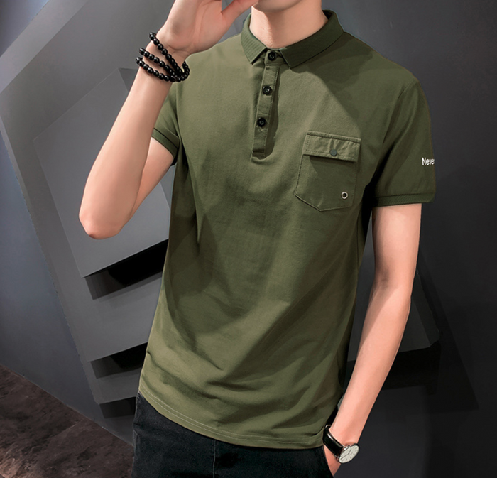 Pocketed Men's Short Sleeve Polo: olive green, dark green short-sleeve polo shirt, casual minimal style