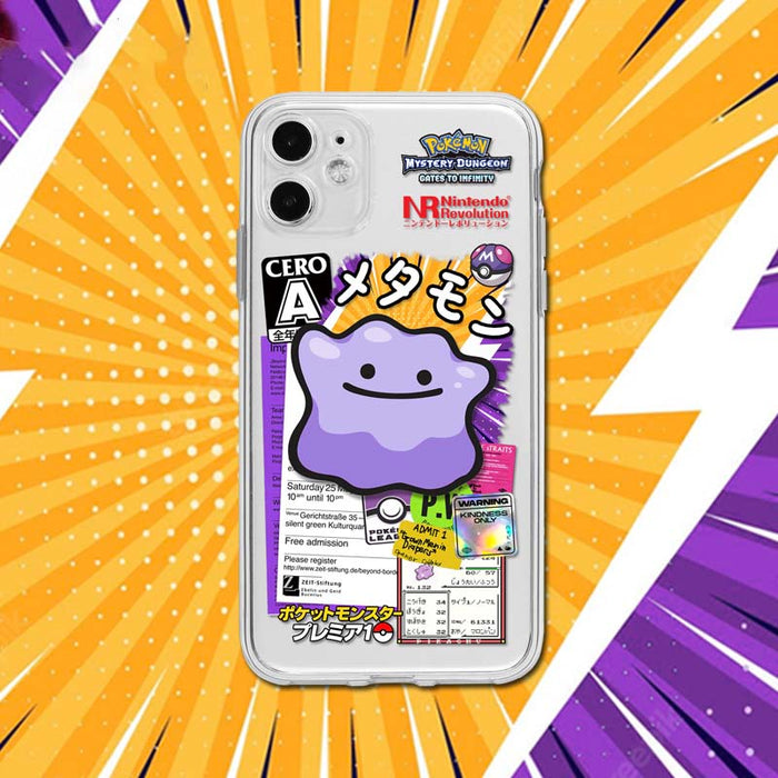 Pokemon Phone Case with TPU Protection: clear, purple Ditto-like purple character and Pokémon-themed graphics, cartoon, retro