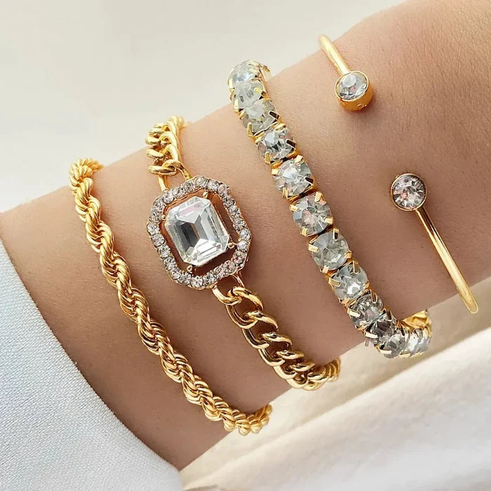 Polished 4 Piece Link Bracelet Collection with Adjustable Clasps: gold, clear bracelets, glamorous style
