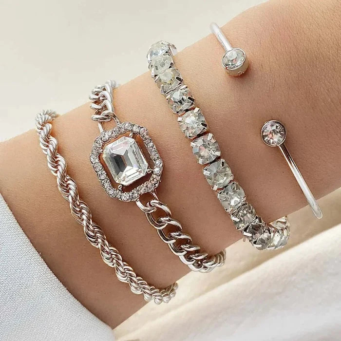 Polished 4 Piece Link Bracelet Collection with Adjustable Clasps: gold, clear bracelets, glamorous style