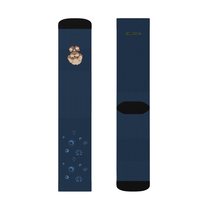 Pookie Poodle Space Adventure Novelty Socks by Starry Fluff: dark navy blue, black small cartoon dog character with celestial