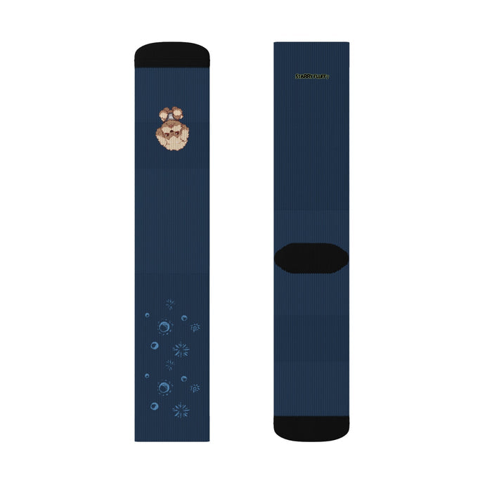 Pookie Poodle Space Adventure Novelty Socks by Starry Fluff: dark navy blue, black small cartoon dog character with celestial