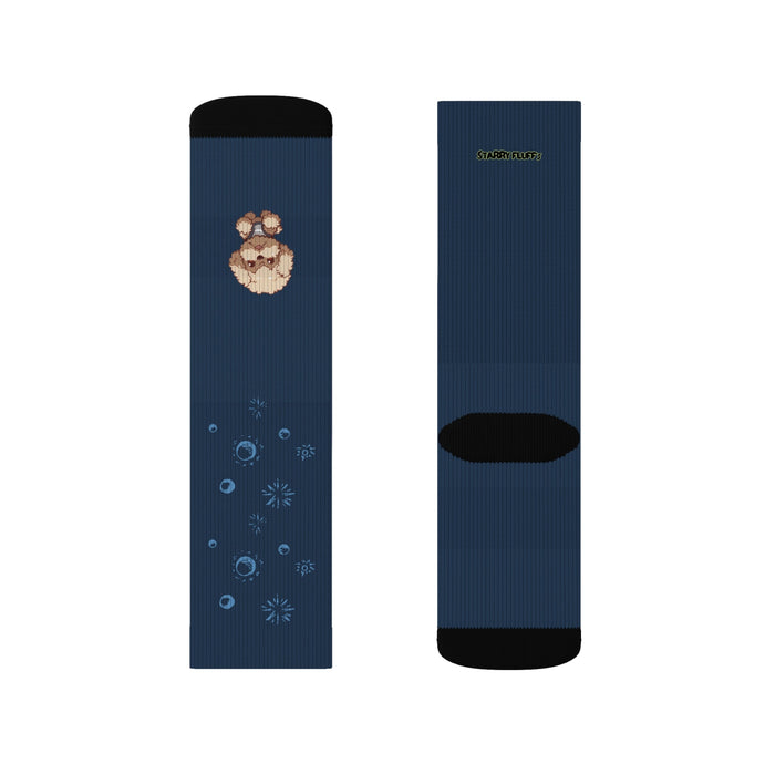 Pookie Poodle Space Adventure Novelty Socks by Starry Fluff: dark navy blue, black small cartoon dog character with celestial