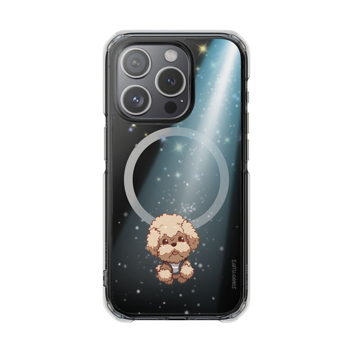 Pookie the Poodle, Luminous Canine Floating in Space Transparent Magnetic Phone Case for iPhone Collection: black, dark teal