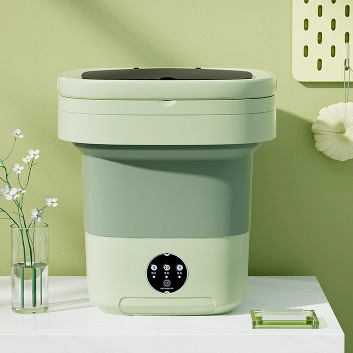 Portable Compact Laundry Machine: pale mint green, light wood household appliance or fixture set, minimal modern style