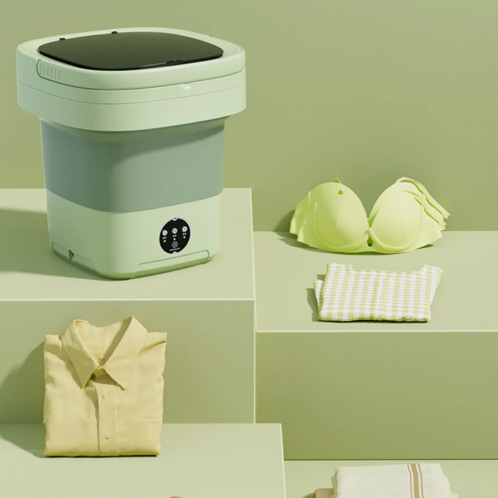 Portable Compact Laundry Machine: pale mint green, light wood household appliance or fixture set, minimal modern style