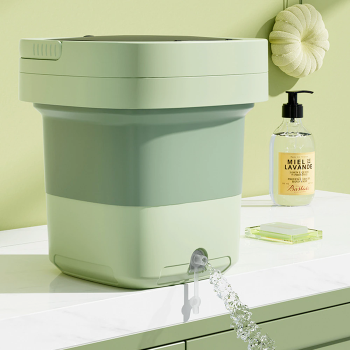 Portable Compact Laundry Machine: pale mint green, light wood household appliance or fixture set, minimal modern style