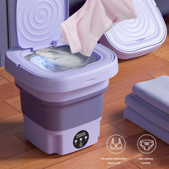 Portable Compact Laundry Machine: pale mint green, light wood household appliance or fixture set, minimal modern style