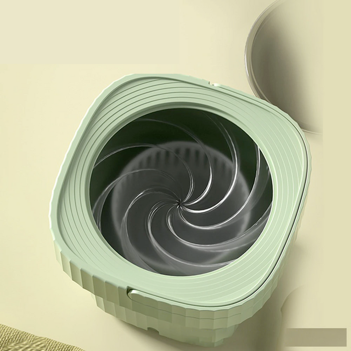 Portable Compact Laundry Machine: pale mint green, light wood household appliance or fixture set, minimal modern style