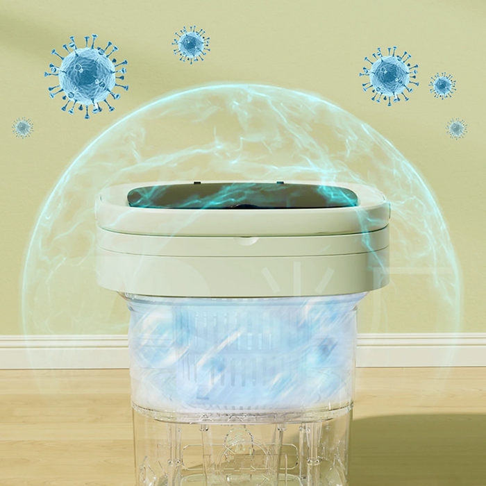 Portable Compact Laundry Machine: pale mint green, light wood household appliance or fixture set, minimal modern style