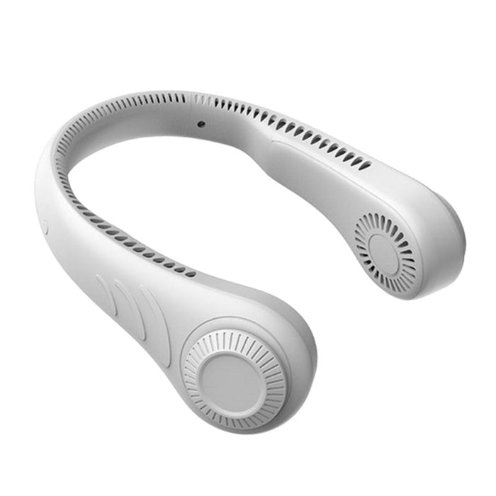 Portable Neck Fan with Bladeless Cooling Technology: white, light gray wearable neck fan, minimal modern style