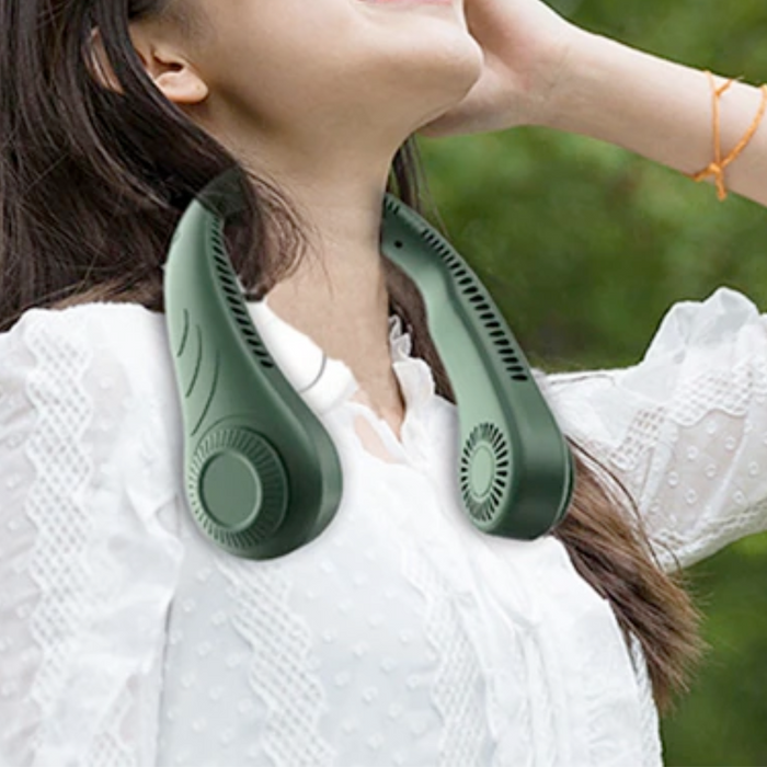 Portable Neck Fan with Bladeless Cooling Technology: white, light gray wearable neck fan, minimal modern style