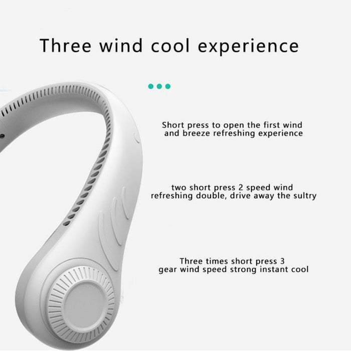 Portable Neck Fan with Bladeless Cooling Technology: white, light gray wearable neck fan, minimal modern style