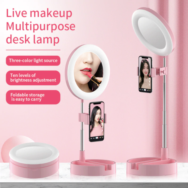 Portable Stand for Mobile Ring Light: white, black ring light with phone holder and base, minimal modern style