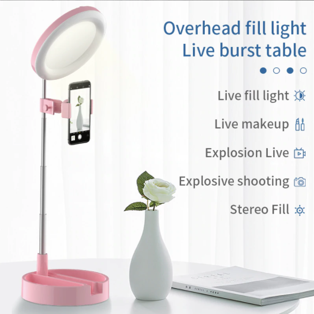 Portable Stand for Mobile Ring Light: white, black ring light with phone holder and base, minimal modern style
