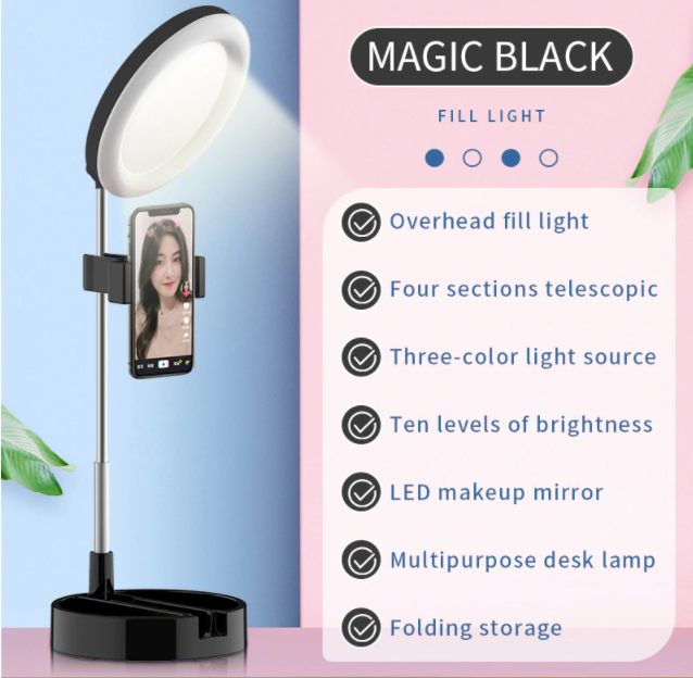 Portable Stand for Mobile Ring Light: white, black ring light with phone holder and base, minimal modern style