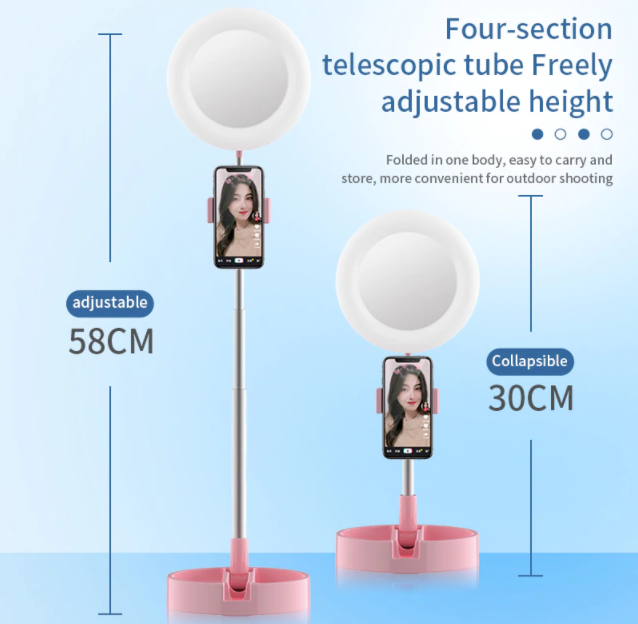 Portable Stand for Mobile Ring Light: white, black ring light with phone holder and base, minimal modern style