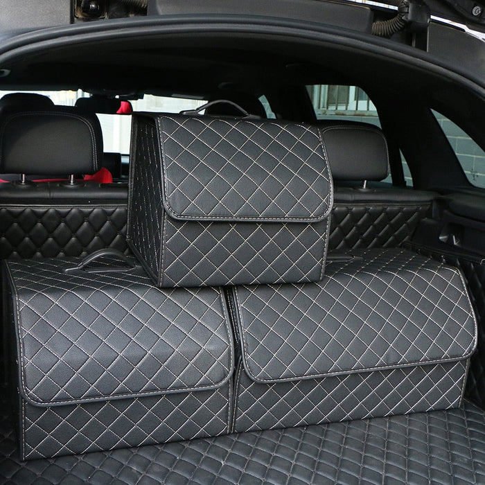 Portable Storage Solution: Streamlined Organization On-the-Go: black, dark gray quilted car trunk storage organizers, minimal