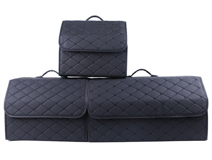 Portable Storage Solution: Streamlined Organization On-the-Go: black, dark gray quilted car trunk storage organizers, minimal
