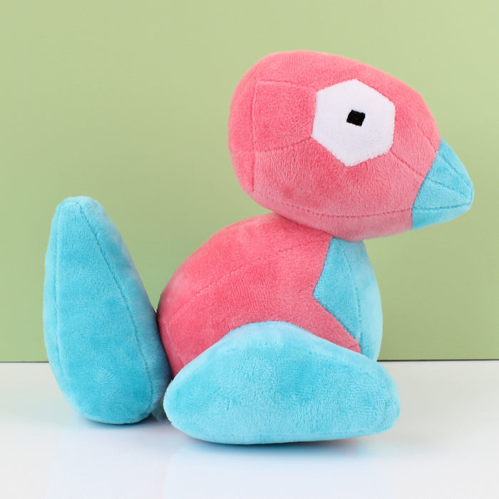 Porygon Plush Toy: Soft, Durable, Detailed: pink, turquoise blue cartoon bird character, cartoon, kawaii style