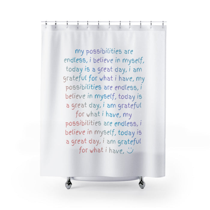 Positive Affirmations Shower Curtain for Daily Use: white, light blue affirmation text, minimal style