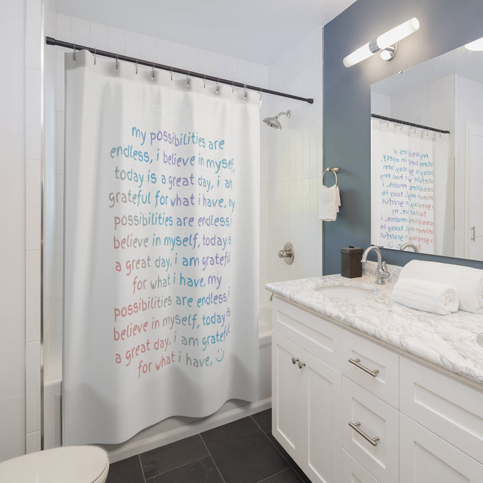 Positive Affirmations Shower Curtain for Daily Use: white, light blue affirmation text, minimal style