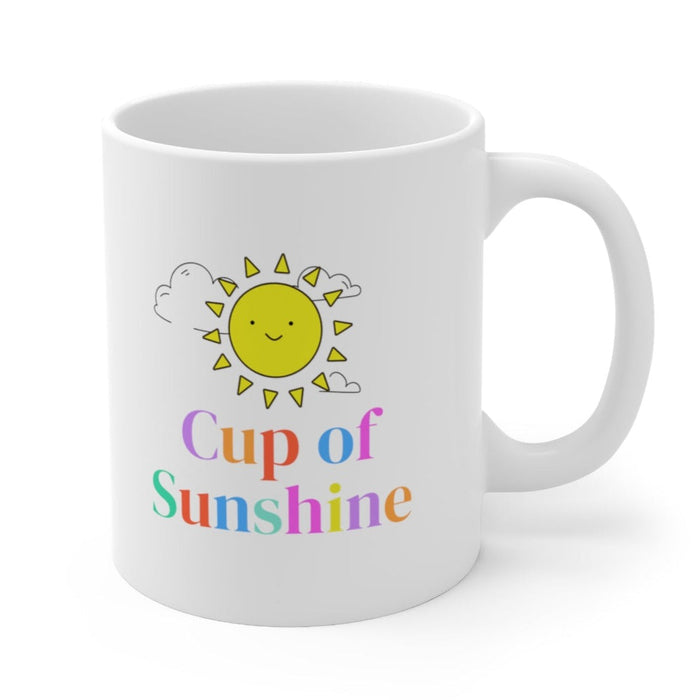 Positive Words Mug for a Brighter Day: white, yellow smiling sun with clouds, cute cartoon style