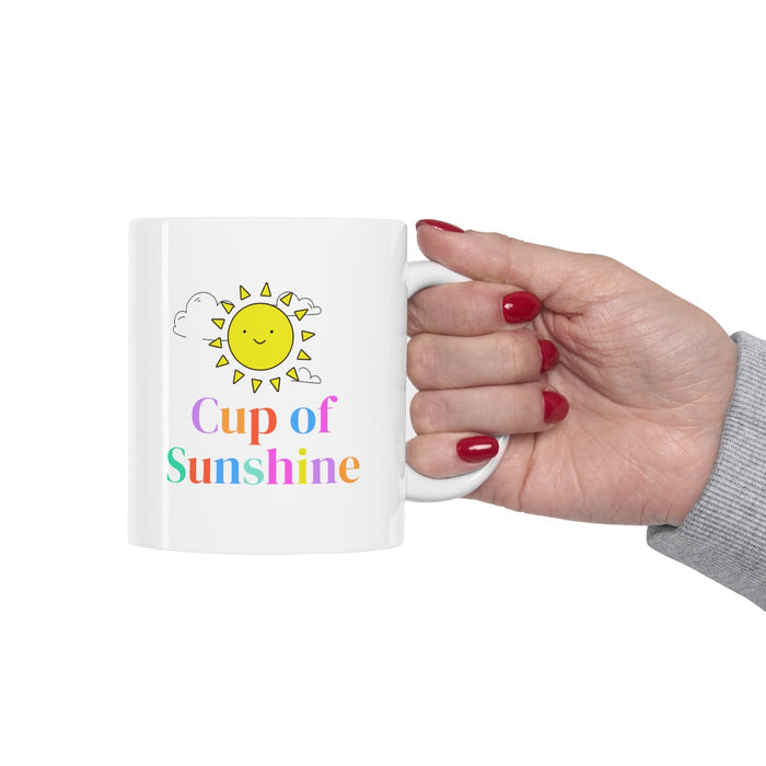 Positive Words Mug for a Brighter Day: white, yellow smiling sun with clouds, cute cartoon style