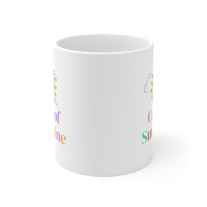 Positive Words Mug for a Brighter Day: white, yellow smiling sun with clouds, cute cartoon style