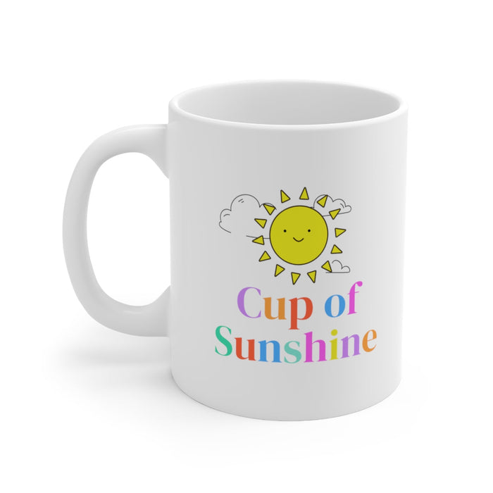 Positive Words Mug for a Brighter Day: white, yellow smiling sun with clouds, cute cartoon style