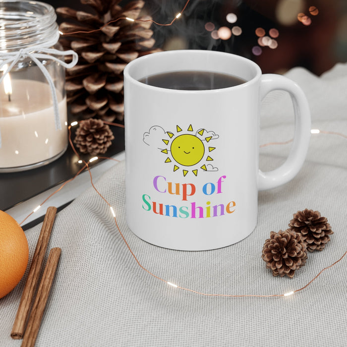 Positive Words Mug for a Brighter Day: white, yellow smiling sun with clouds, cute cartoon style