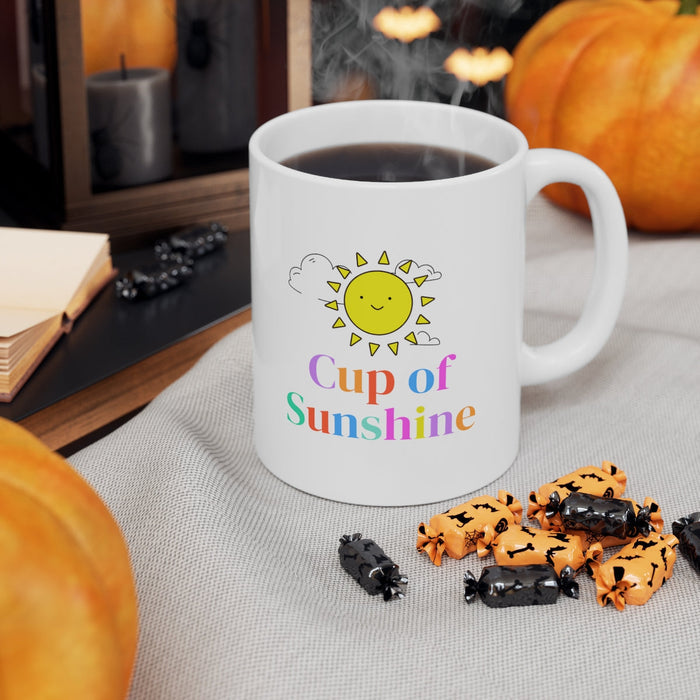 Positive Words Mug for a Brighter Day: white, yellow smiling sun with clouds, cute cartoon style