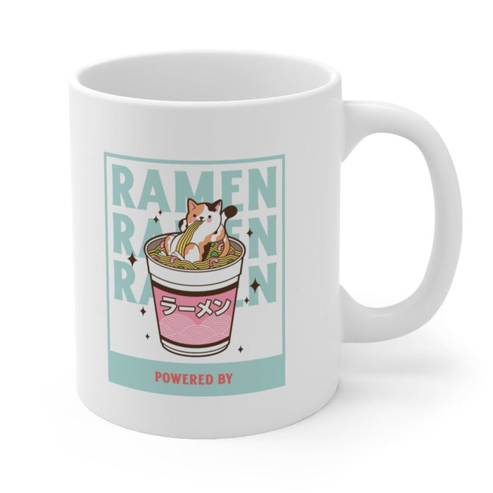 Powered by Ramen Unique Mug: white, mint green ramen bowl with a small cartoon animal character, cartoon kawaii style