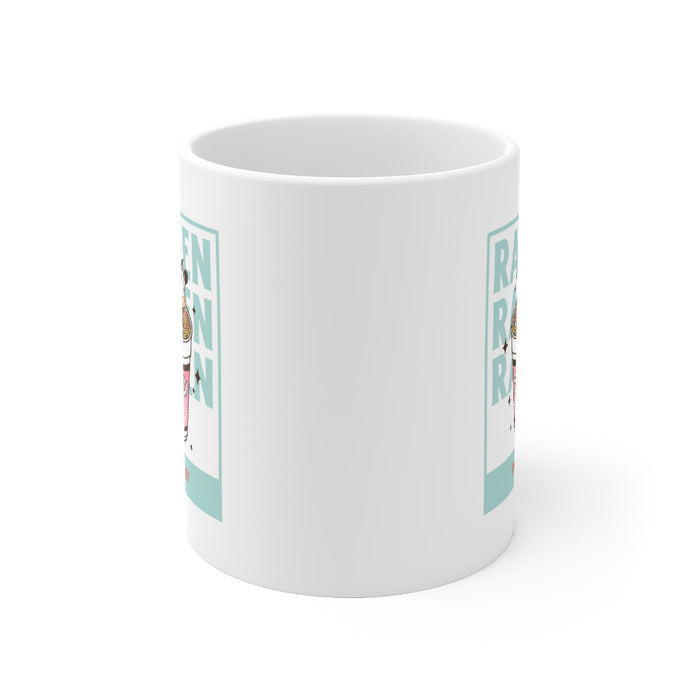 Powered by Ramen Unique Mug: white, mint green ramen bowl with a small cartoon animal character, cartoon kawaii style