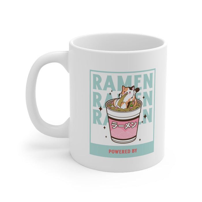 Powered by Ramen Unique Mug: white, mint green ramen bowl with a small cartoon animal character, cartoon kawaii style