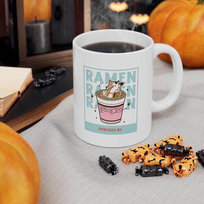 Powered by Ramen Unique Mug: white, mint green ramen bowl with a small cartoon animal character, cartoon kawaii style