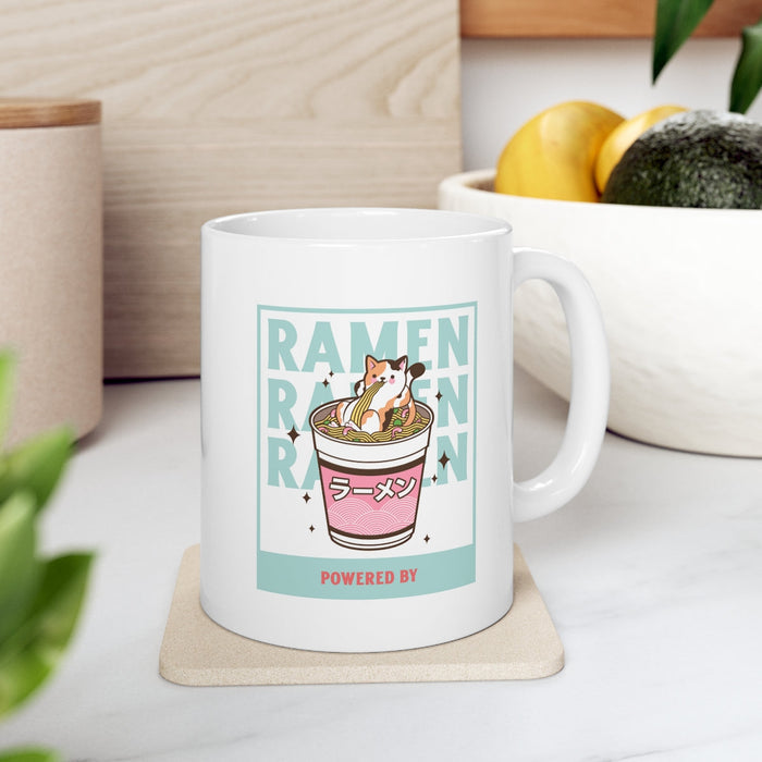 Powered by Ramen Unique Mug: white, mint green ramen bowl with a small cartoon animal character, cartoon kawaii style