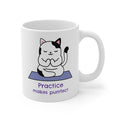 Practice Makes Purrfect, Yoga Themed Mug: white, black cartoon cat, cute cartoon/kawaii style