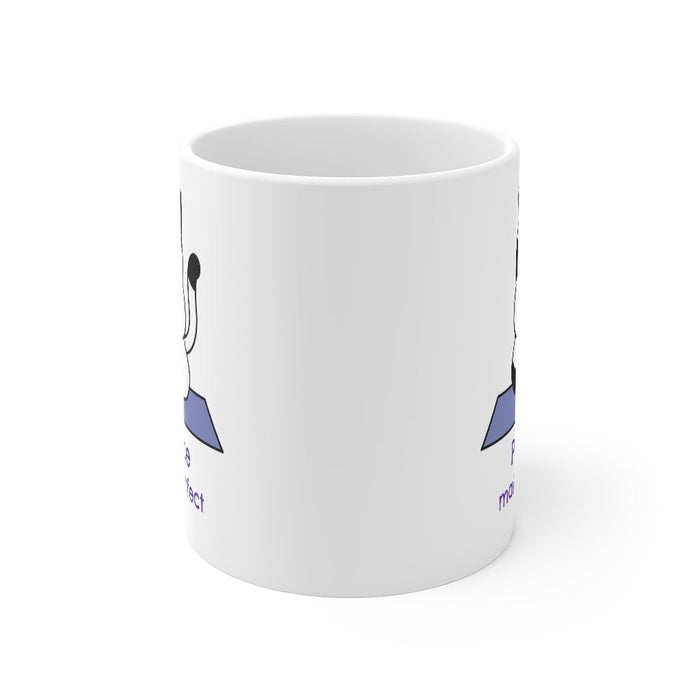 Practice Makes Purrfect, Yoga Themed Mug: white, black cartoon cat, cute cartoon/kawaii style