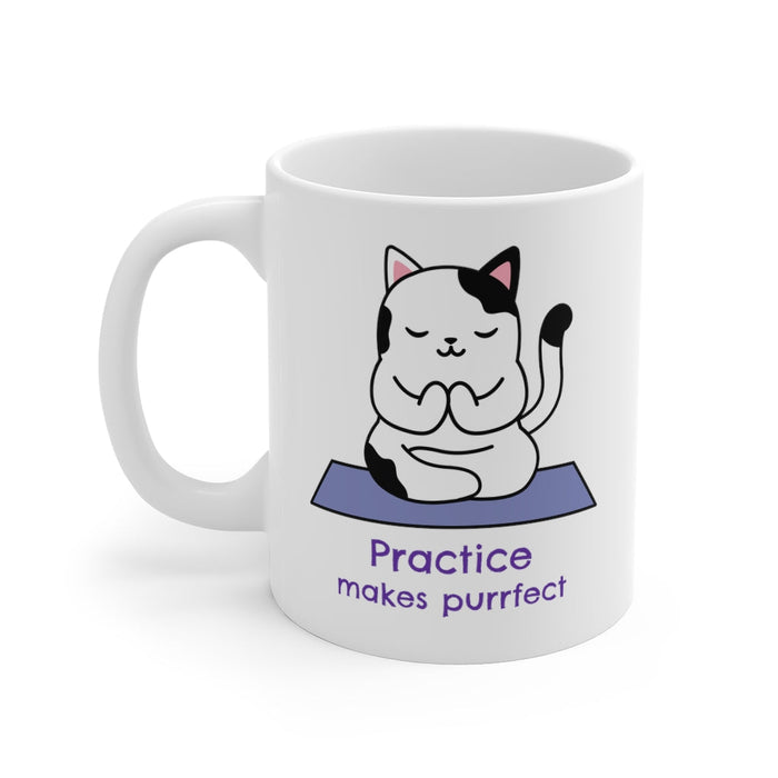 Practice Makes Purrfect, Yoga Themed Mug: white, black cartoon cat, cute cartoon/kawaii style