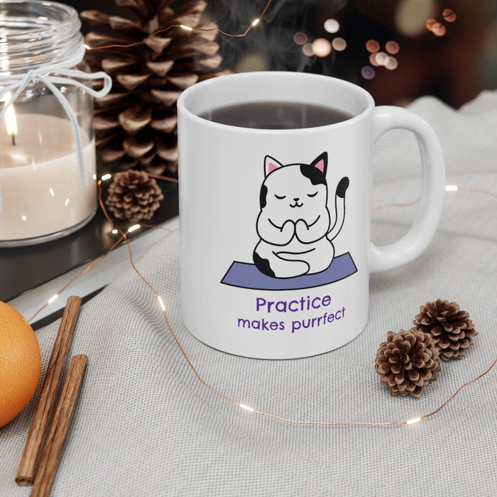Practice Makes Purrfect, Yoga Themed Mug: white, black cartoon cat, cute cartoon/kawaii style