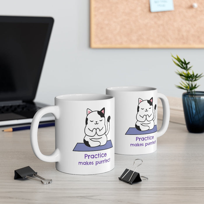 Practice Makes Purrfect, Yoga Themed Mug: white, black cartoon cat, cute cartoon/kawaii style