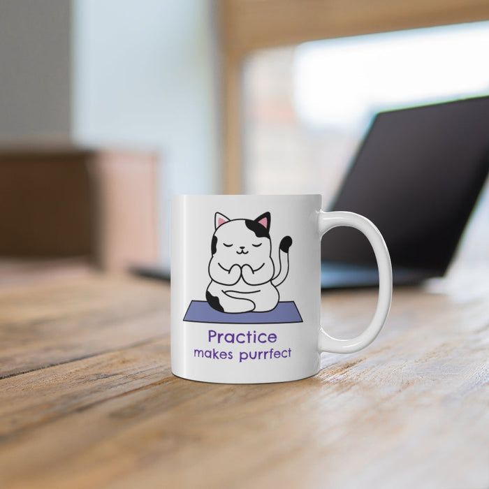 Practice Makes Purrfect, Yoga Themed Mug: white, black cartoon cat, cute cartoon/kawaii style