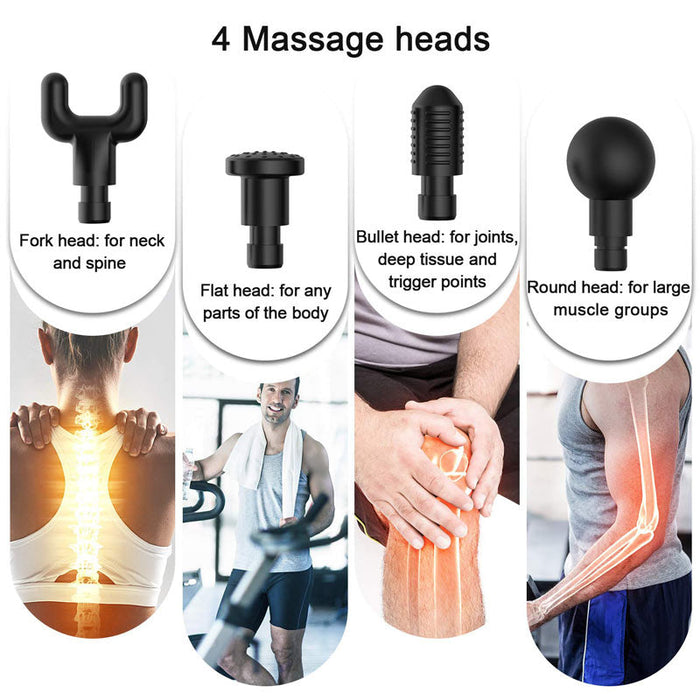 Premium Handheld Massager with 30 Speeds and 6 Interchangeable Heads: black, white massage gun attachment heads, product info